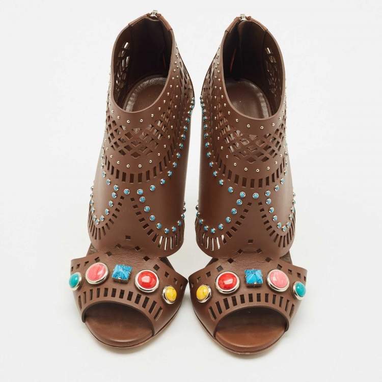 Pre Owned Gucci Brown Leather Lika Embellished Booties Size 38.5