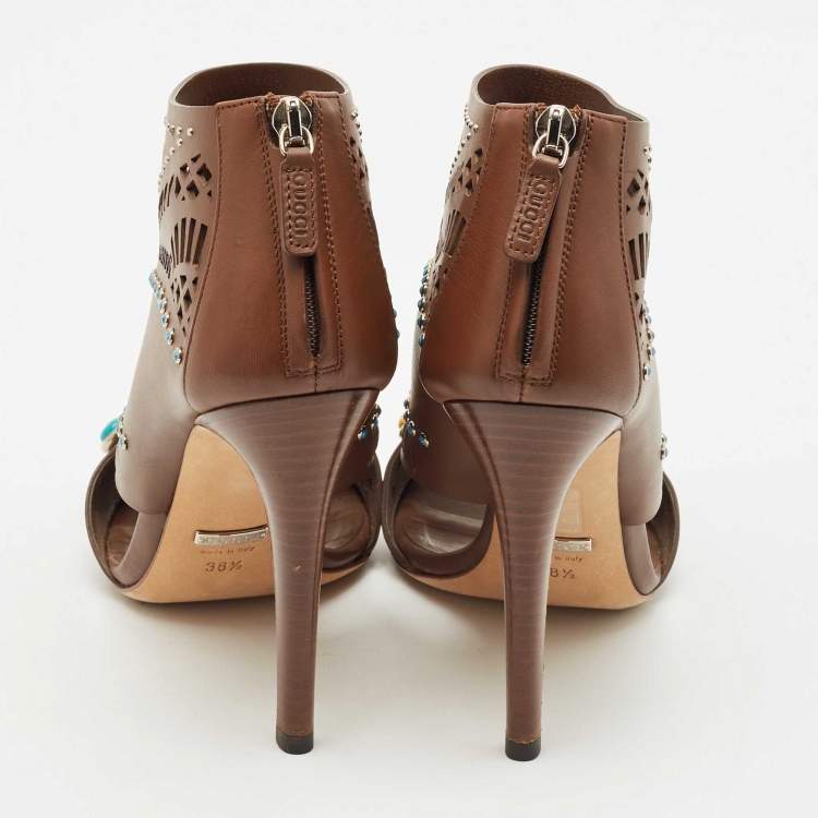Pre Owned Gucci Brown Leather Lika Embellished Booties Size 38.5