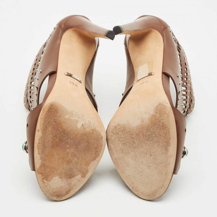 Pre Owned Gucci Brown Leather Lika Embellished Booties Size 38.5