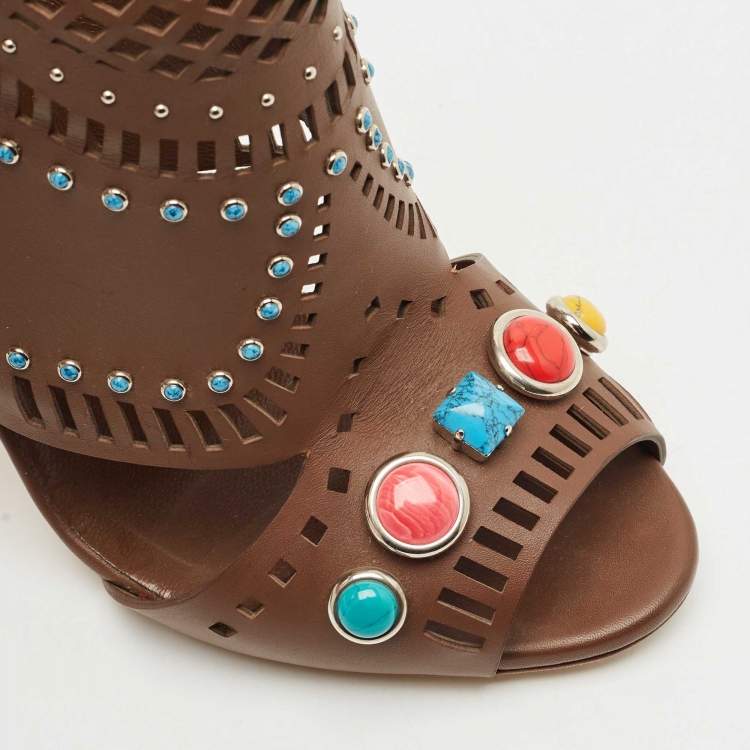 Pre Owned Gucci Brown Leather Lika Embellished Booties Size 38.5