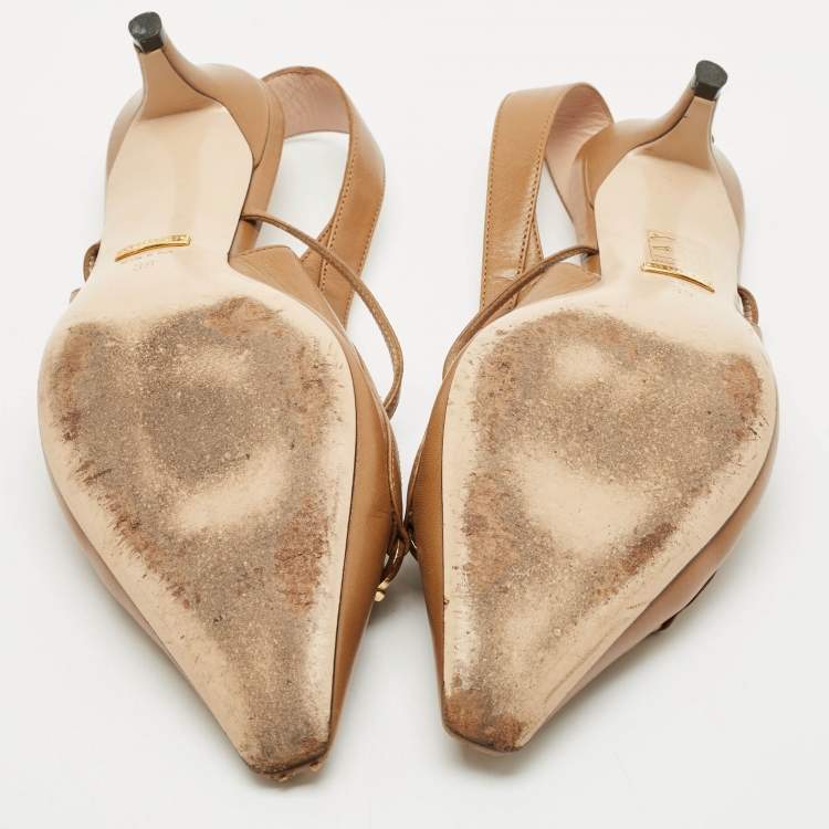 Pre Owned Gucci Brown Leather Interlocking G Horsebit Zumi Slingback Pumps Size 39