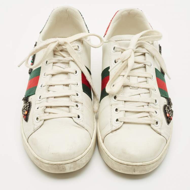 Pre Owned Gucci White Leather and Canvas Ace Low Top Sneakers Size 38