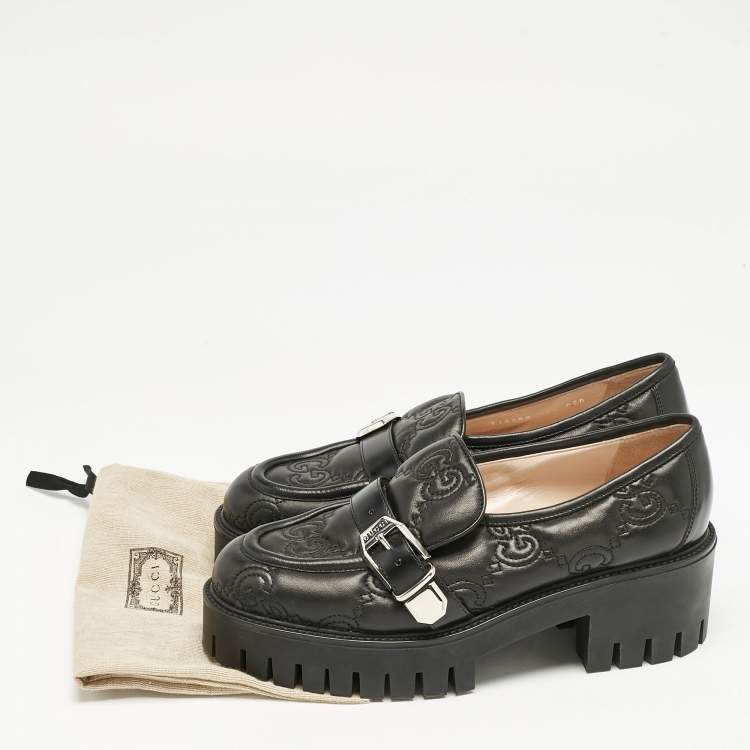 Pre Owned Gucci Black Leather GG Slip On  Loafers Size 40