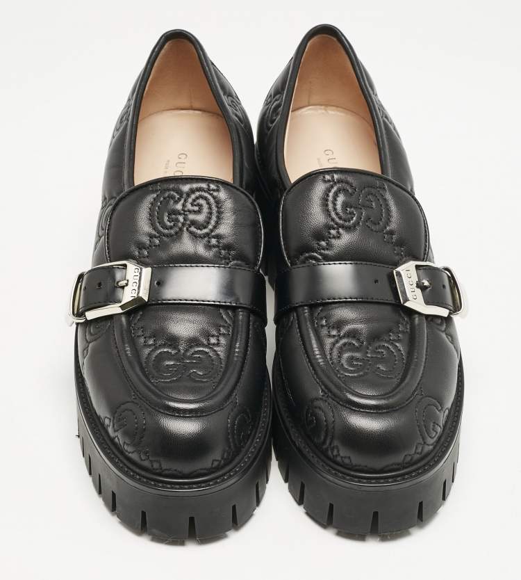 Pre Owned Gucci Black Leather GG Slip On  Loafers Size 40