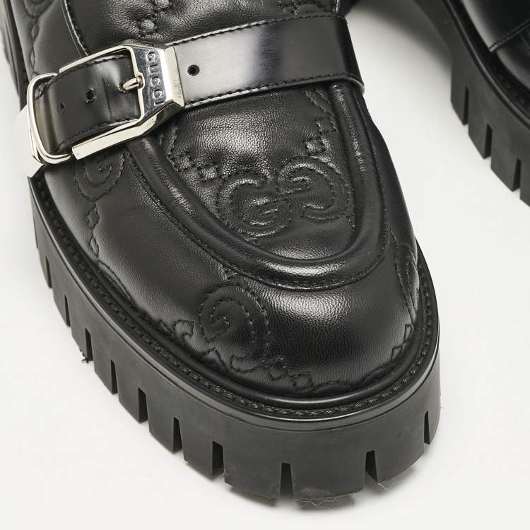 Pre Owned Gucci Black Leather GG Slip On  Loafers Size 40
