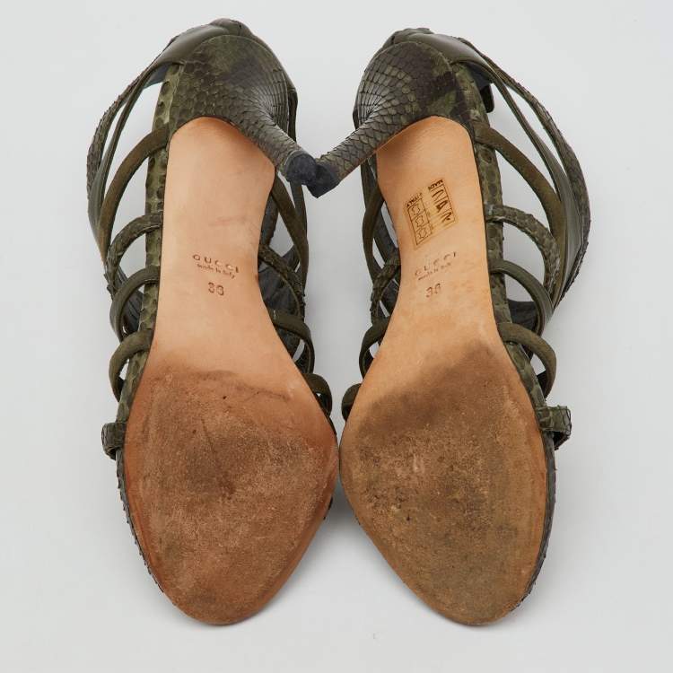 Pre Owned Gucci Olive Green Python Leather and Suede Gladiator Sandals Size 36
