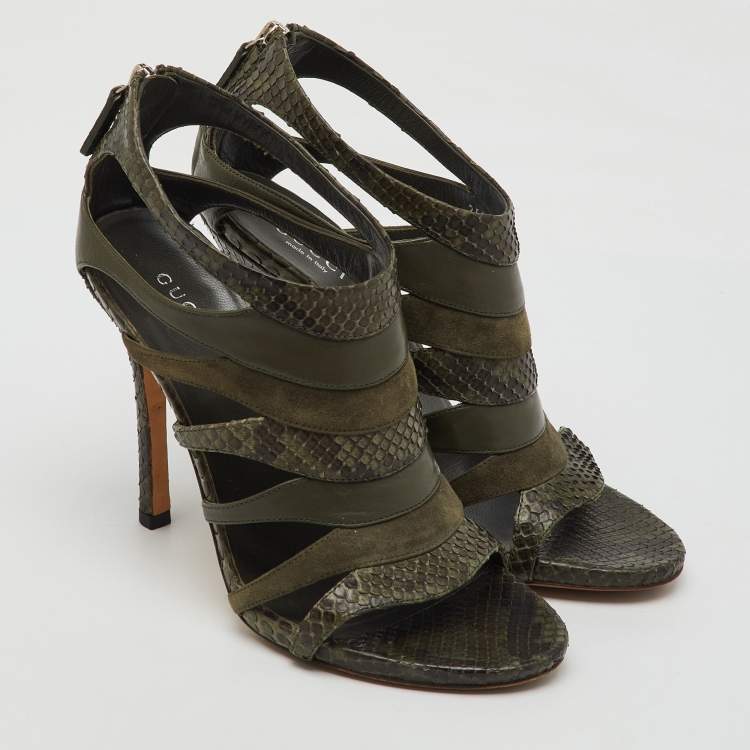 Pre Owned Gucci Olive Green Python Leather and Suede Gladiator Sandals Size 36