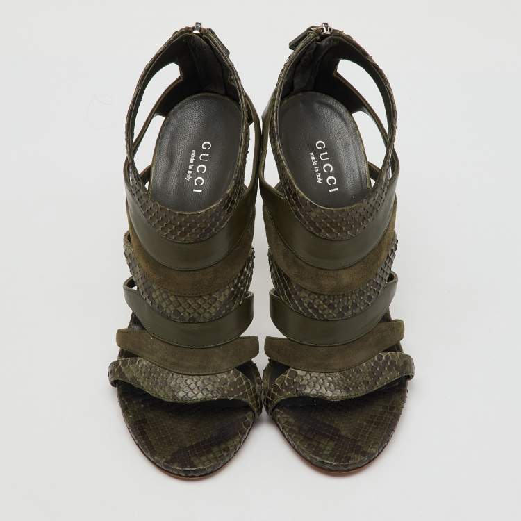 Pre Owned Gucci Olive Green Python Leather and Suede Gladiator Sandals Size 36