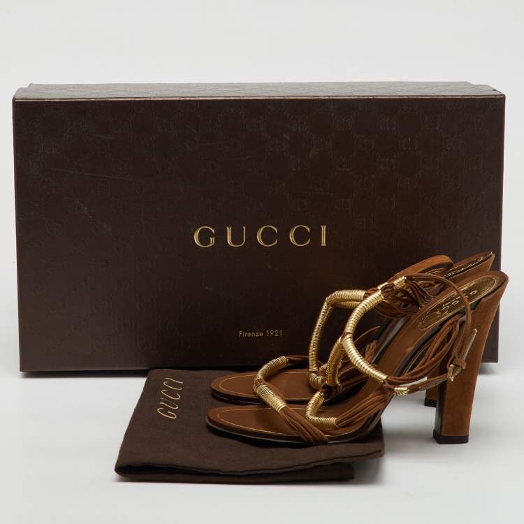 Pre Owned Gucci Gold/Brown Leather and Suede Cord Strappy Sandals Size 37