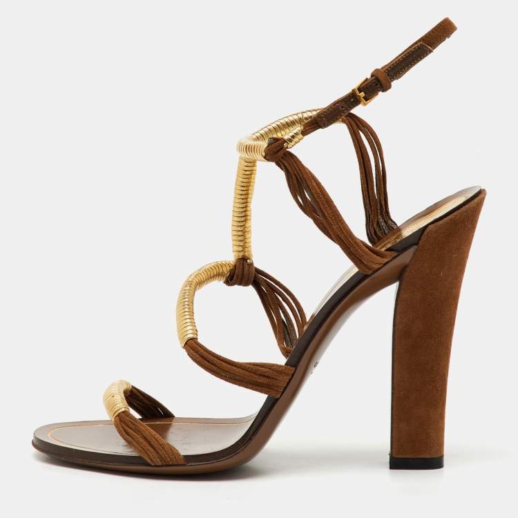 Pre Owned Gucci Gold/Brown Leather and Suede Cord Strappy Sandals Size 37