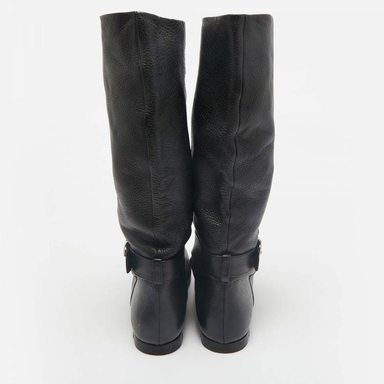 Pre Owned Gucci Black Leather GG Riding Knee Length Boots Size 40