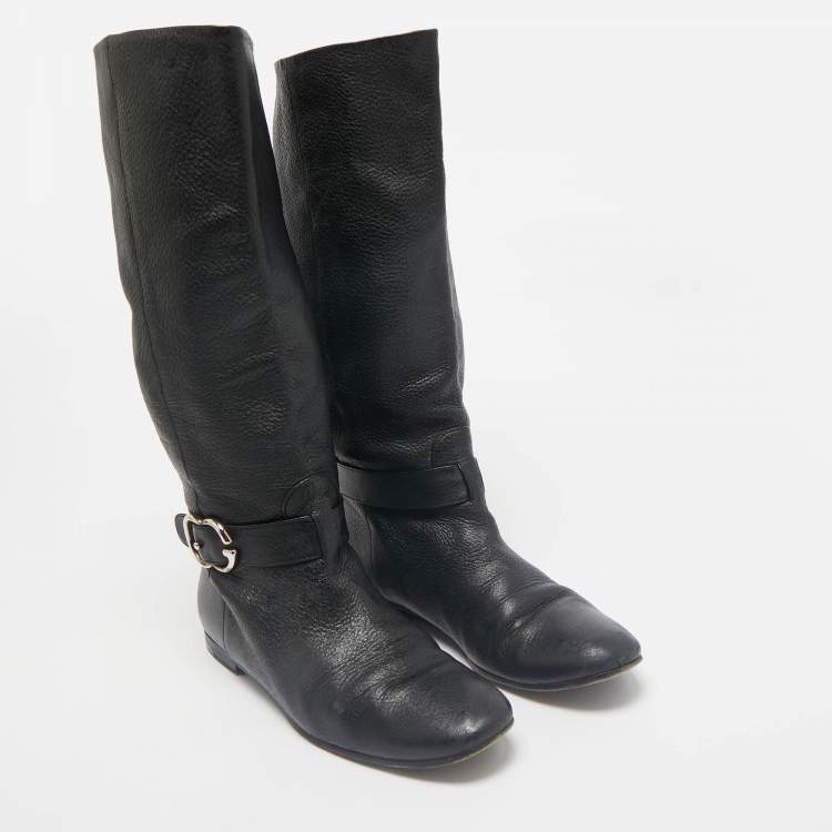 Pre Owned Gucci Black Leather GG Riding Knee Length Boots Size 40