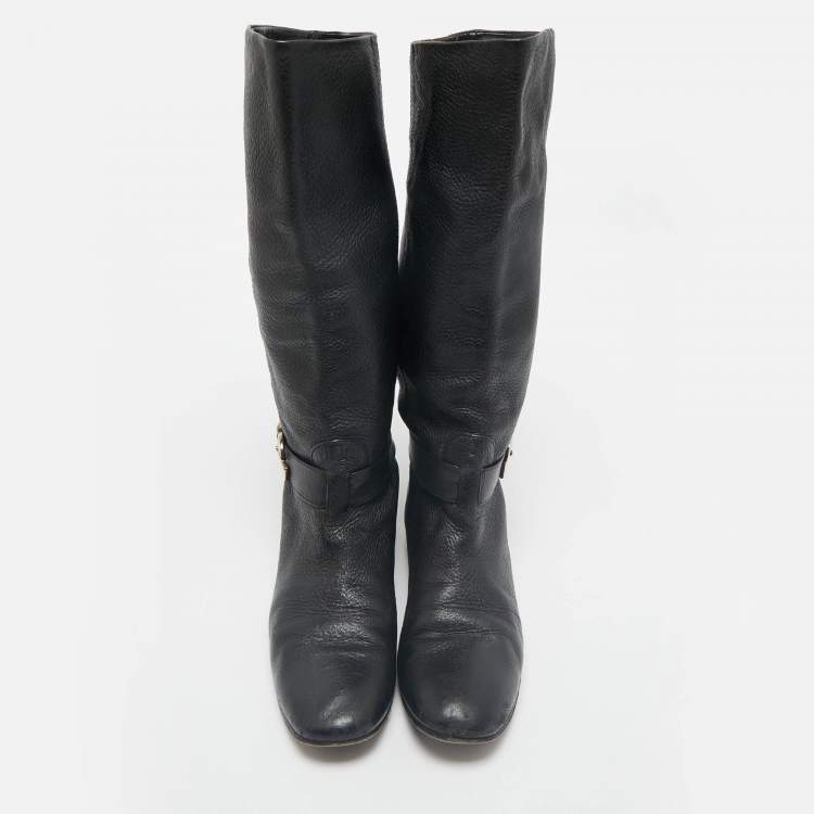 Pre Owned Gucci Black Leather GG Riding Knee Length Boots Size 40