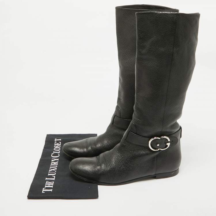 Pre Owned Gucci Black Leather GG Riding Knee Length Boots Size 40