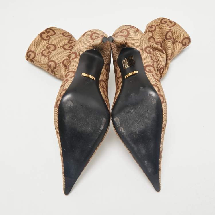 Pre Owned Gucci Beige Stretch Fabric GG Ankle Length Boots Size 37