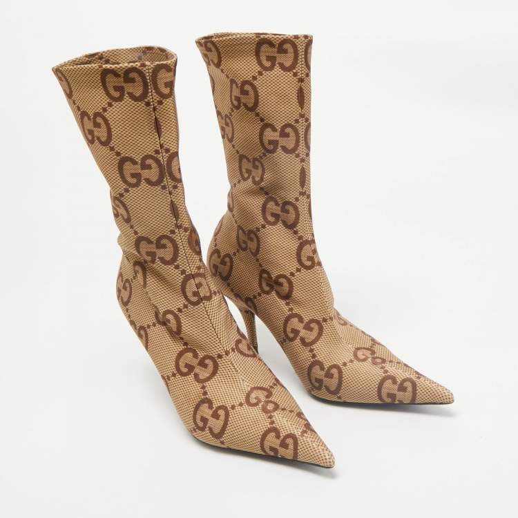Pre Owned Gucci Beige Stretch Fabric GG Ankle Length Boots Size 37