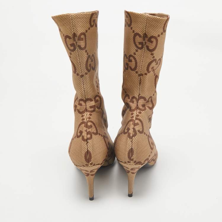 Pre Owned Gucci Beige Stretch Fabric GG Ankle Length Boots Size 37