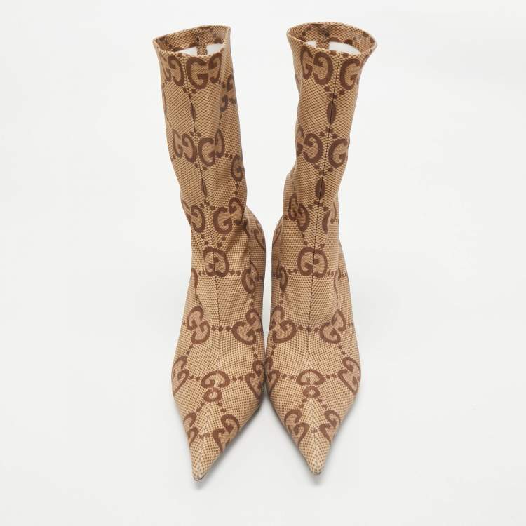 Pre Owned Gucci Beige Stretch Fabric GG Ankle Length Boots Size 37