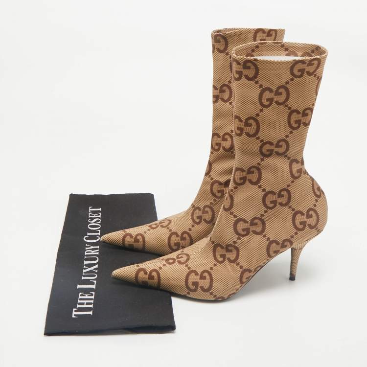 Pre Owned Gucci Beige Stretch Fabric GG Ankle Length Boots Size 37