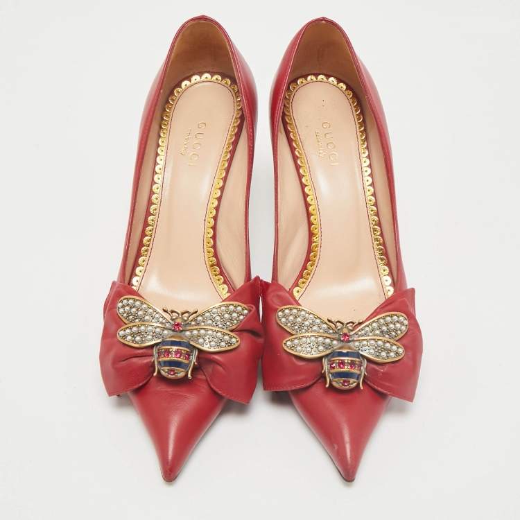Pre Owned Gucci Red Leather Queen Margaret Pumps Size 36.5