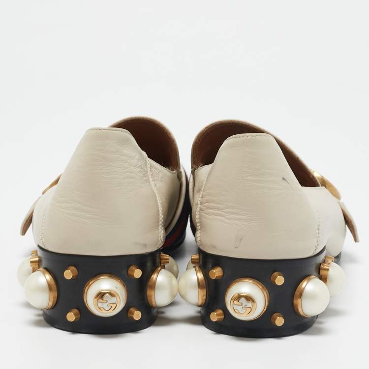 Pre Owned Gucci Off White Leather Interlocking G Horsebit Slip On Loafers Size 36.5
