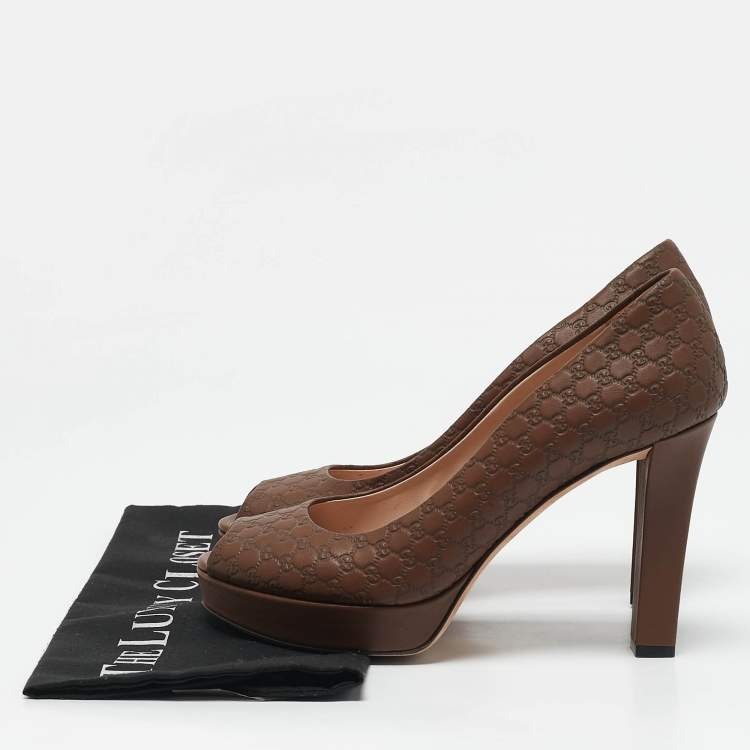 Pre Owned Gucci Brown Microguccissima Leather Peep Toe Platform Pumps Size 39