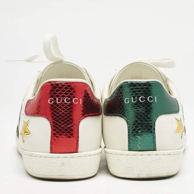 Pre Owned Gucci White Leather Ace Web Star Detail Lace Up Sneakers Size 38.5