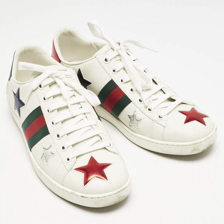 Pre Owned Gucci White Leather Ace Web Star Detail Lace Up Sneakers Size 38.5