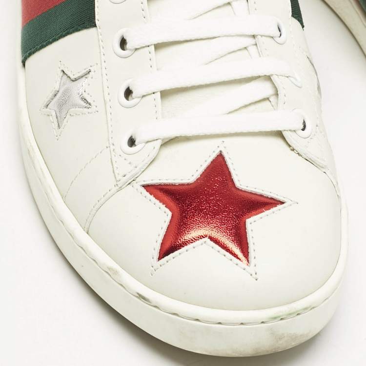 Pre Owned Gucci White Leather Ace Web Star Detail Lace Up Sneakers Size 38.5