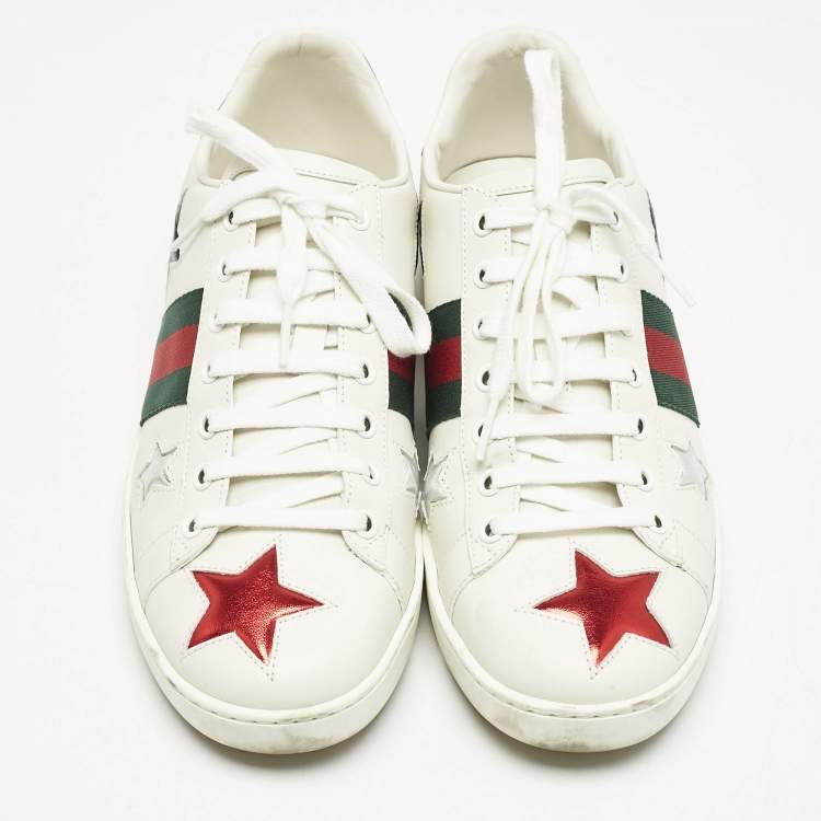 Pre Owned Gucci White Leather Ace Web Star Detail Lace Up Sneakers Size 38.5