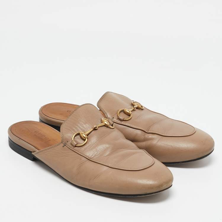Pre Owned Gucci Beige Leather Horsebit Princetown Flat Mules Size 38