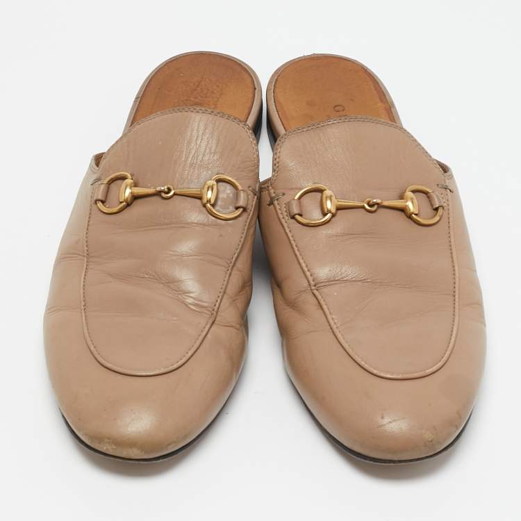 Pre Owned Gucci Beige Leather Horsebit Princetown Flat Mules Size 38