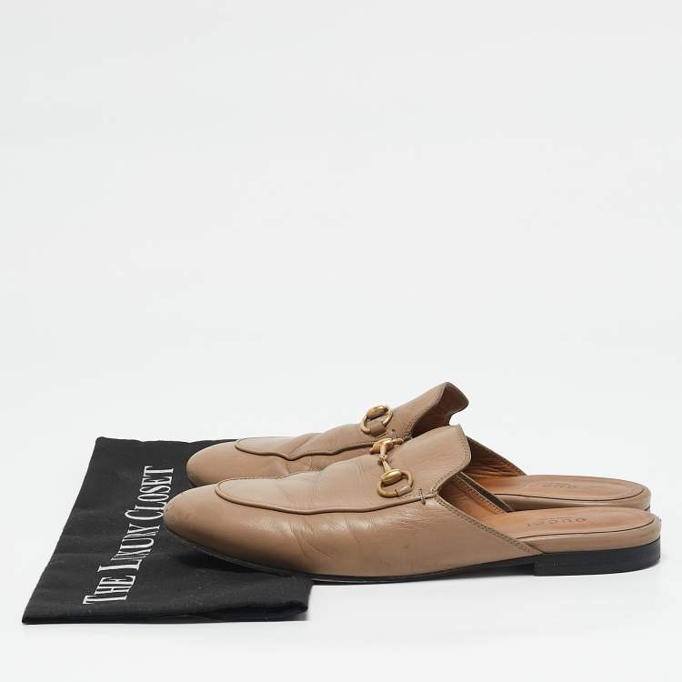 Pre Owned Gucci Beige Leather Horsebit Princetown Flat Mules Size 38
