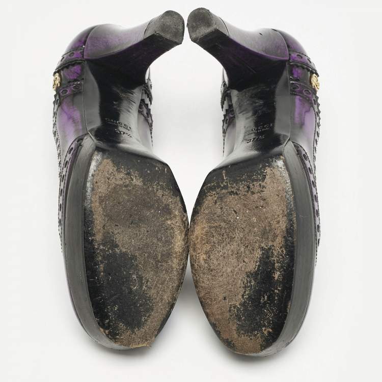 Pre Owned Gucci Purple/Black Leather Brogue Round Toe Platform Pumps Size 37.5