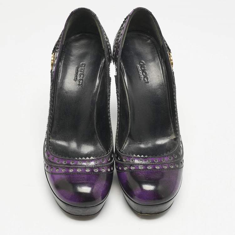 Pre Owned Gucci Purple/Black Leather Brogue Round Toe Platform Pumps Size 37.5
