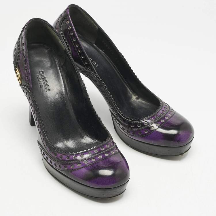 Pre Owned Gucci Purple/Black Leather Brogue Round Toe Platform Pumps Size 37.5