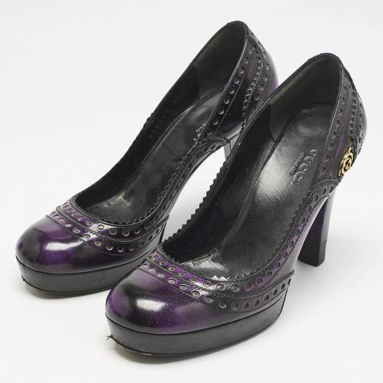 Pre Owned Gucci Purple/Black Leather Brogue Round Toe Platform Pumps Size 37.5