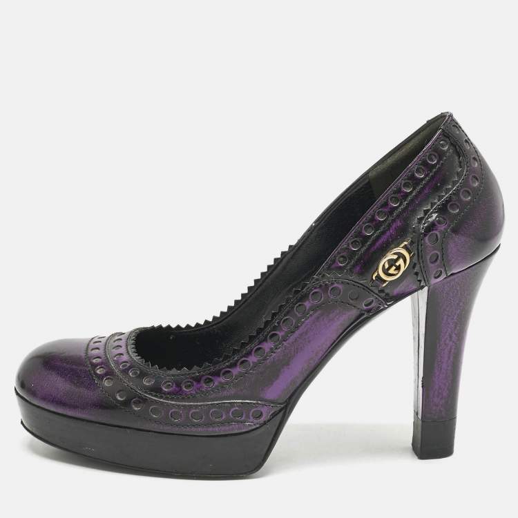 Pre Owned Gucci Purple/Black Leather Brogue Round Toe Platform Pumps Size 37.5