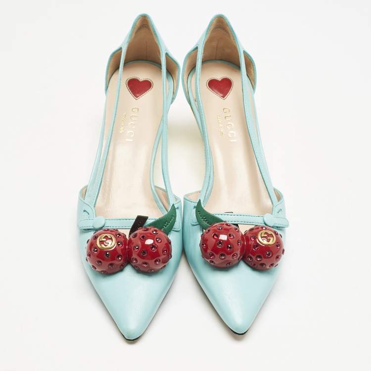 Pre Owned Gucci Blue Leather Unia Cherry Embellished Pointed Toe Pumps Size 35