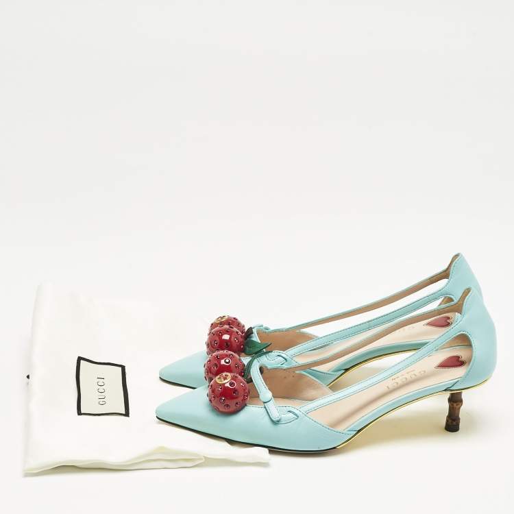 Pre Owned Gucci Blue Leather Unia Cherry Embellished Pointed Toe Pumps Size 35