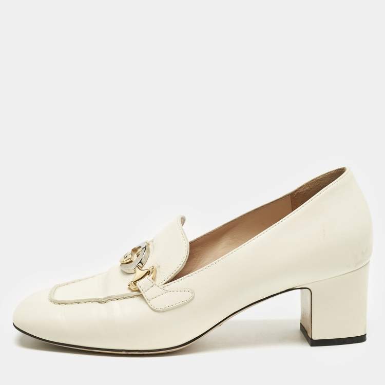 Pre Owned Gucci Off White Leather Zumi GG Block Heel Loafer Pumps Size 40
