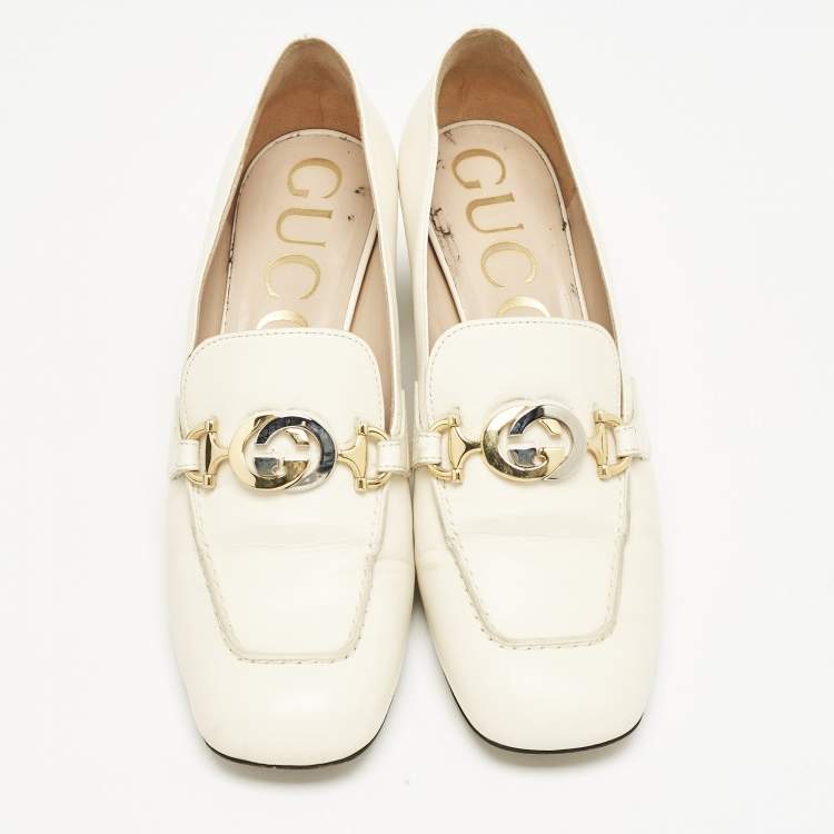 Pre Owned Gucci Off White Leather Zumi GG Block Heel Loafer Pumps Size 40