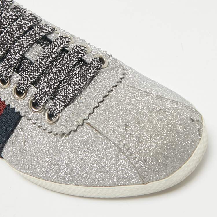 Pre Owned Gucci Silver Glitter Leather Bambi Web Sneakers Size 36