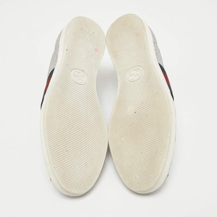 Pre Owned Gucci Silver Glitter Leather Bambi Web Sneakers Size 36