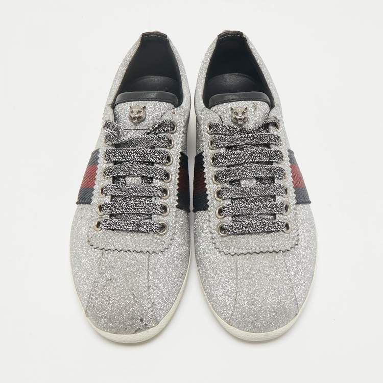 Pre Owned Gucci Silver Glitter Leather Bambi Web Sneakers Size 36