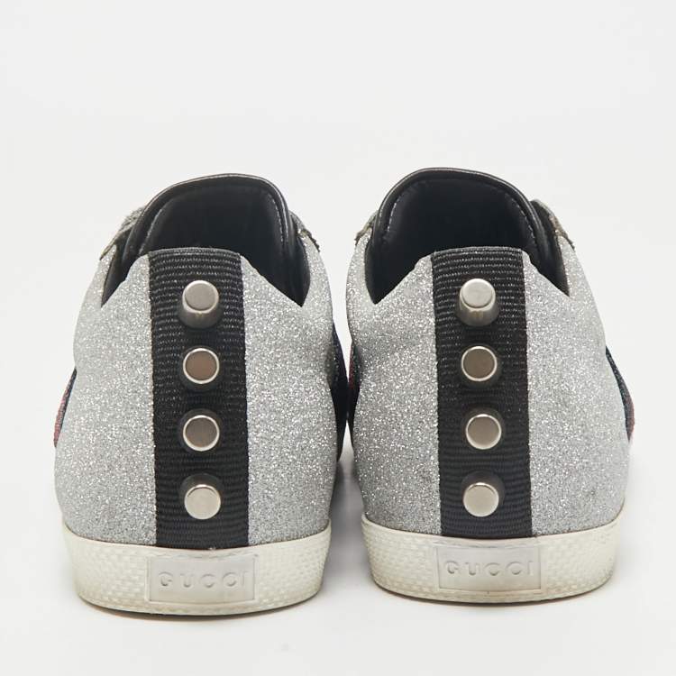 Pre Owned Gucci Silver Glitter Leather Bambi Web Sneakers Size 36