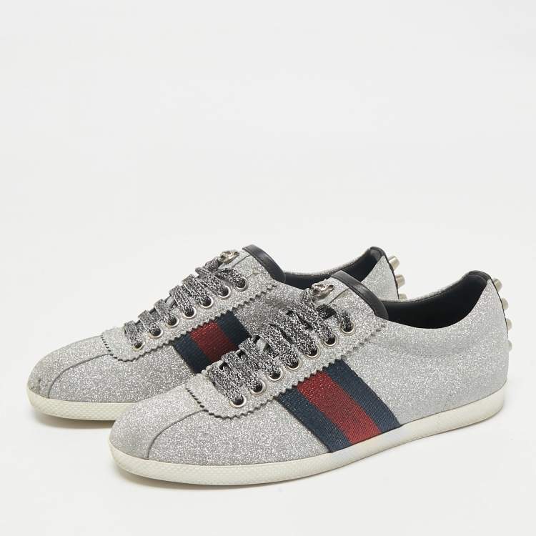 Pre Owned Gucci Silver Glitter Leather Bambi Web Sneakers Size 36
