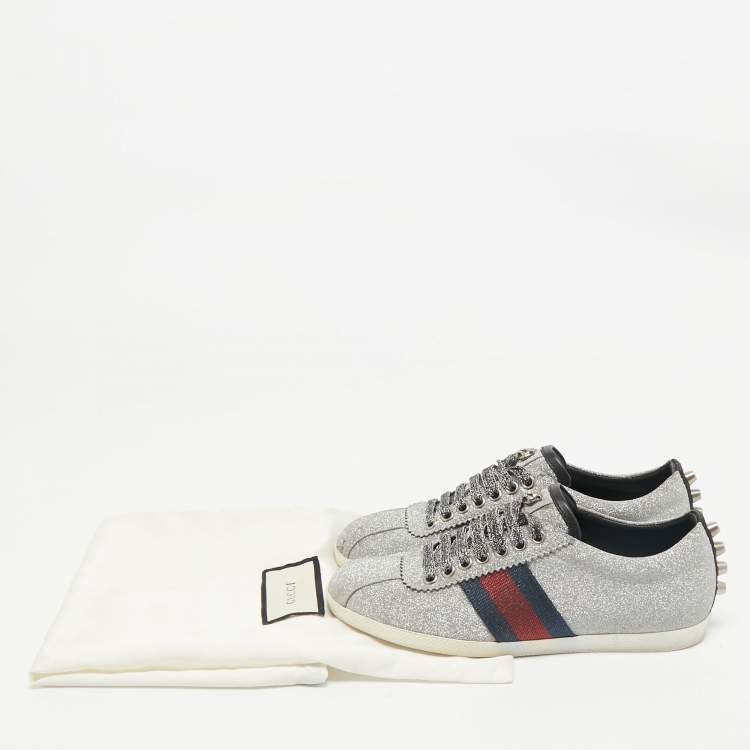 Pre Owned Gucci Silver Glitter Leather Bambi Web Sneakers Size 36