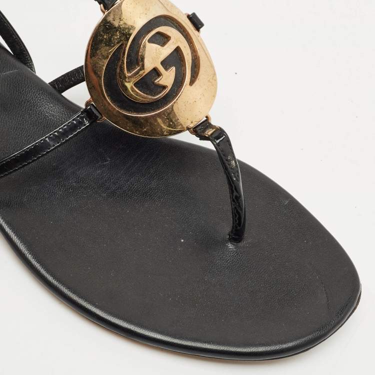Pre Owned Gucci Black Patent Leather Logo Buckle Flat Thong Sandals Size 39