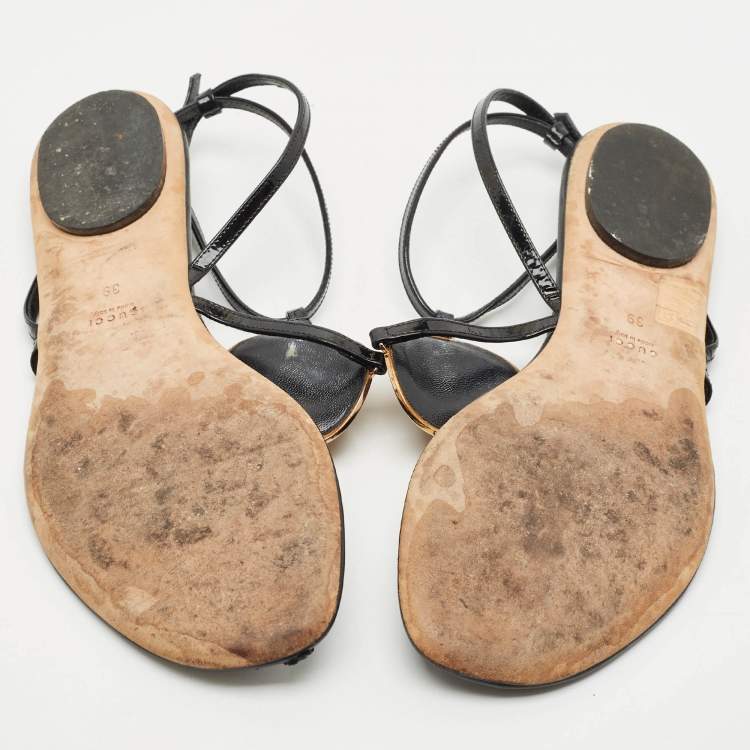 Pre Owned Gucci Black Patent Leather Logo Buckle Flat Thong Sandals Size 39